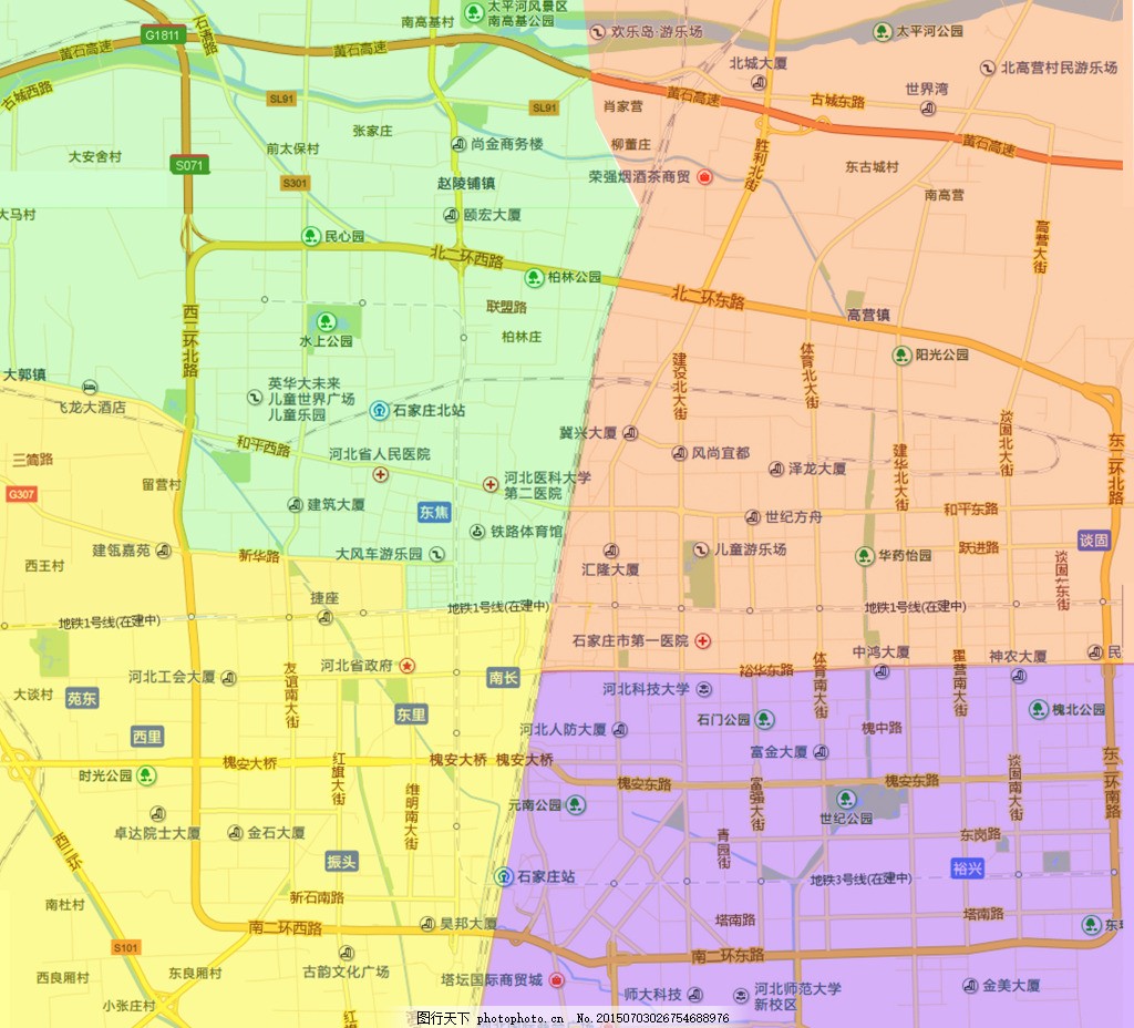 简版地图 石家庄四个区的划分 主要干路 方便打印 黄色图片