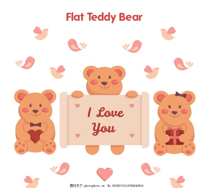 3只可爱泰迪熊矢量素材,英文 暖色调 白色-图行