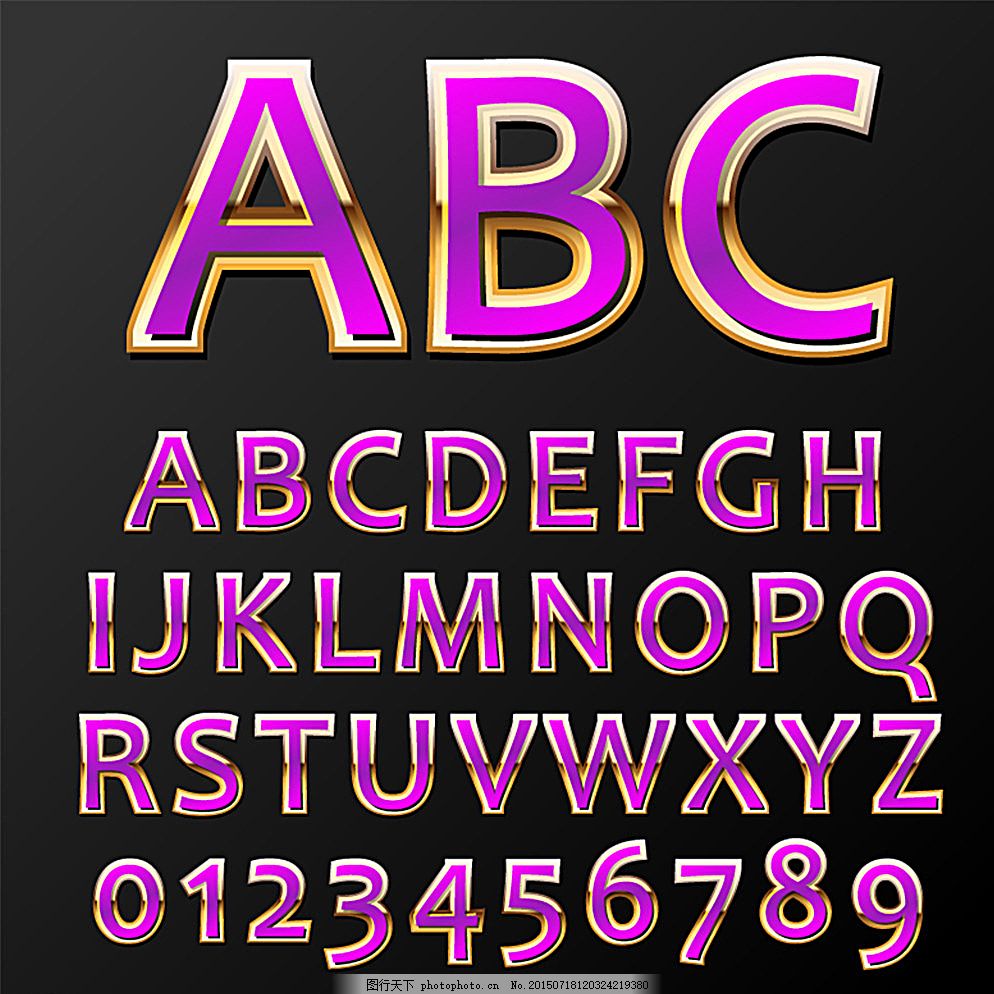 36个金边紫色字母和数字矢量图图片