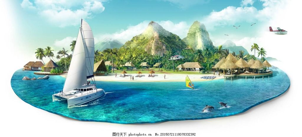 夏季清爽海洋背景 帆船 山 蓝天白云 夏季清爽海洋背景 帆船 山 蓝天白云