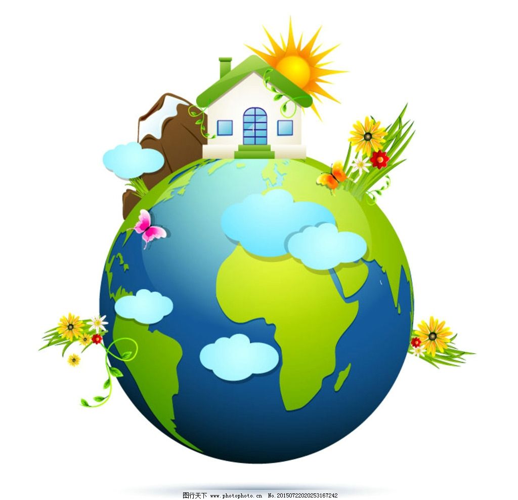 精美地球环保背景矢量素材图片,太阳 房屋 卡通 草-图行天下图库