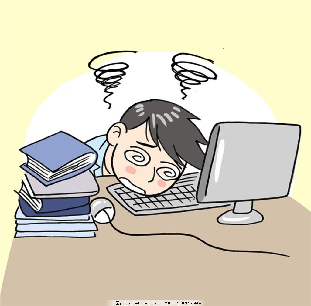 卡通工作忙晕的人 卡通人物 晕倒 书本 电脑 鼠标 键盘 手绘画