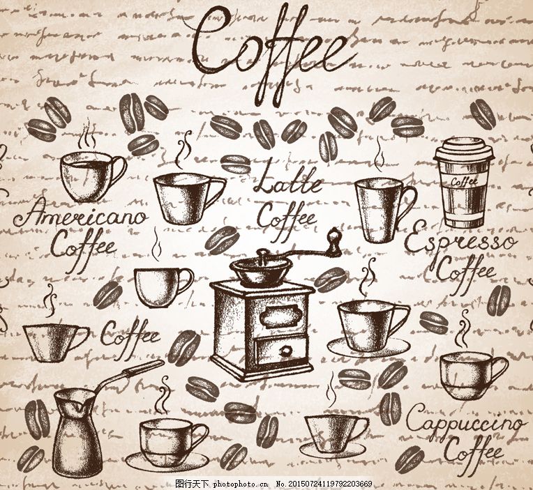 手绘咖啡元素,拿铁 卡布奇诺 矢量图 白色-图行