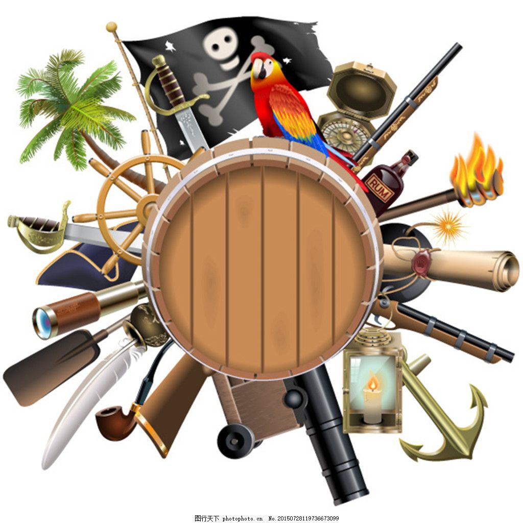 海盗工具装备矢量设计素材,海盗帽船 锚望远镜