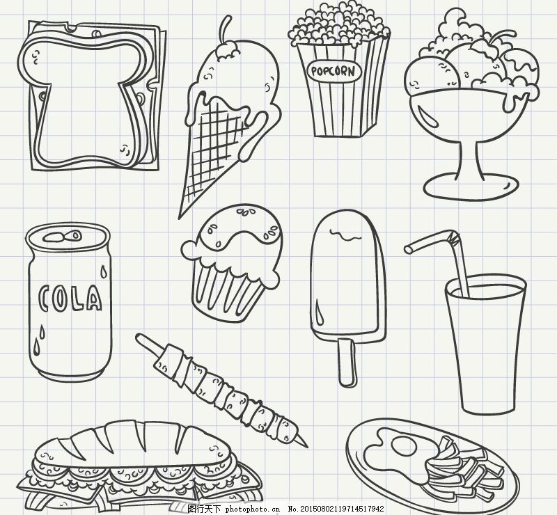 手绘食物,美食 线条 白色-图行天下图库