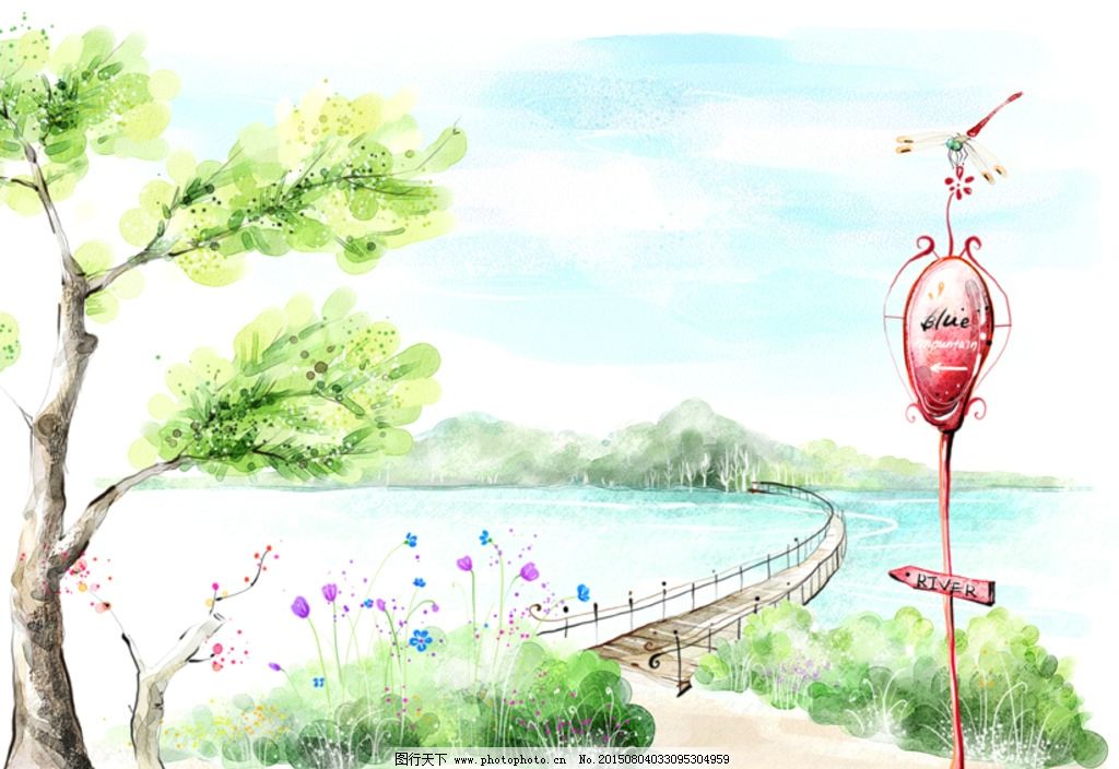 手绘水彩春天风景插画图片_其他_PSD分层_图