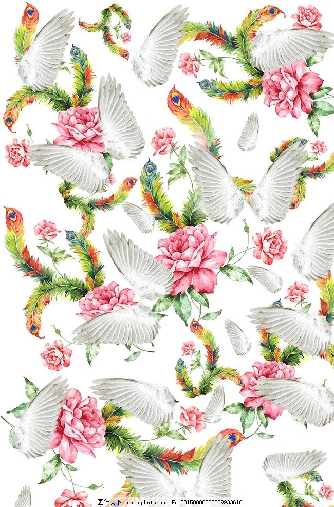 羽毛花卉图案四方连续无缝连接 羽毛图案 花纹图案 衣服图案 花型 数码印花 数码印花图案 服装图案 羽毛 布料花纹 面料印花 面具图案 花卉 女装图案 无缝连接 四方连续 手绘 孔雀羽毛 手绘图案 背景墙 数码花型 设计 PSD分层素材 PSD分层素材 300DPI PSD