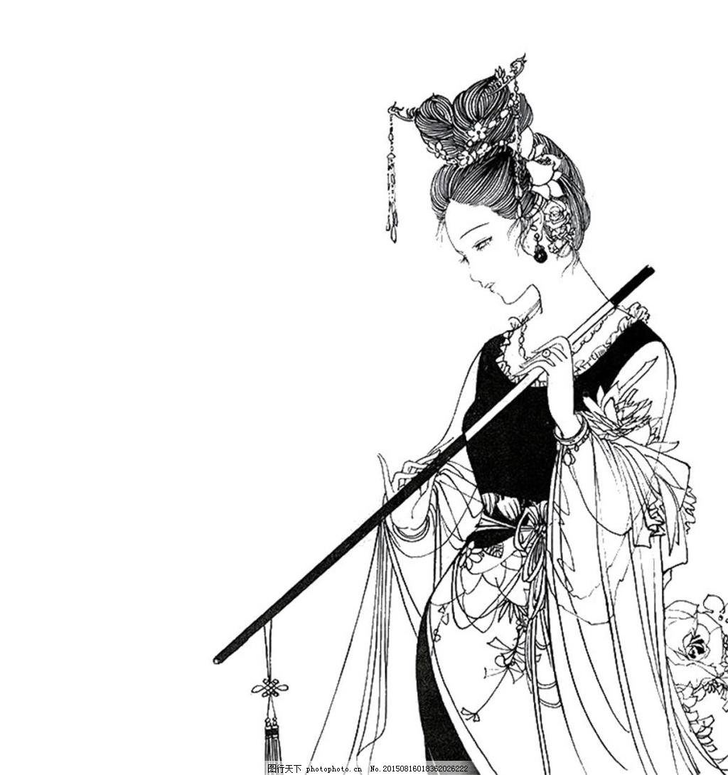 古风白描美女吹笛图 白描画 笛子 古风 美女 箫