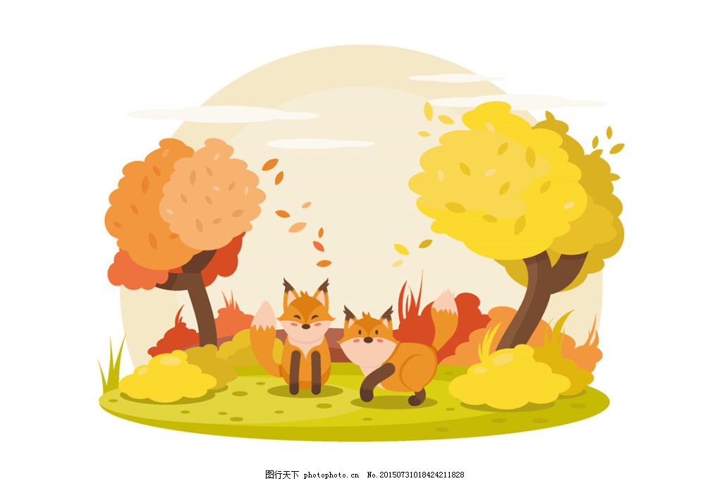 矢量手绘狐狸森林插画 风景漫画 动漫卡通 图行天下素材网